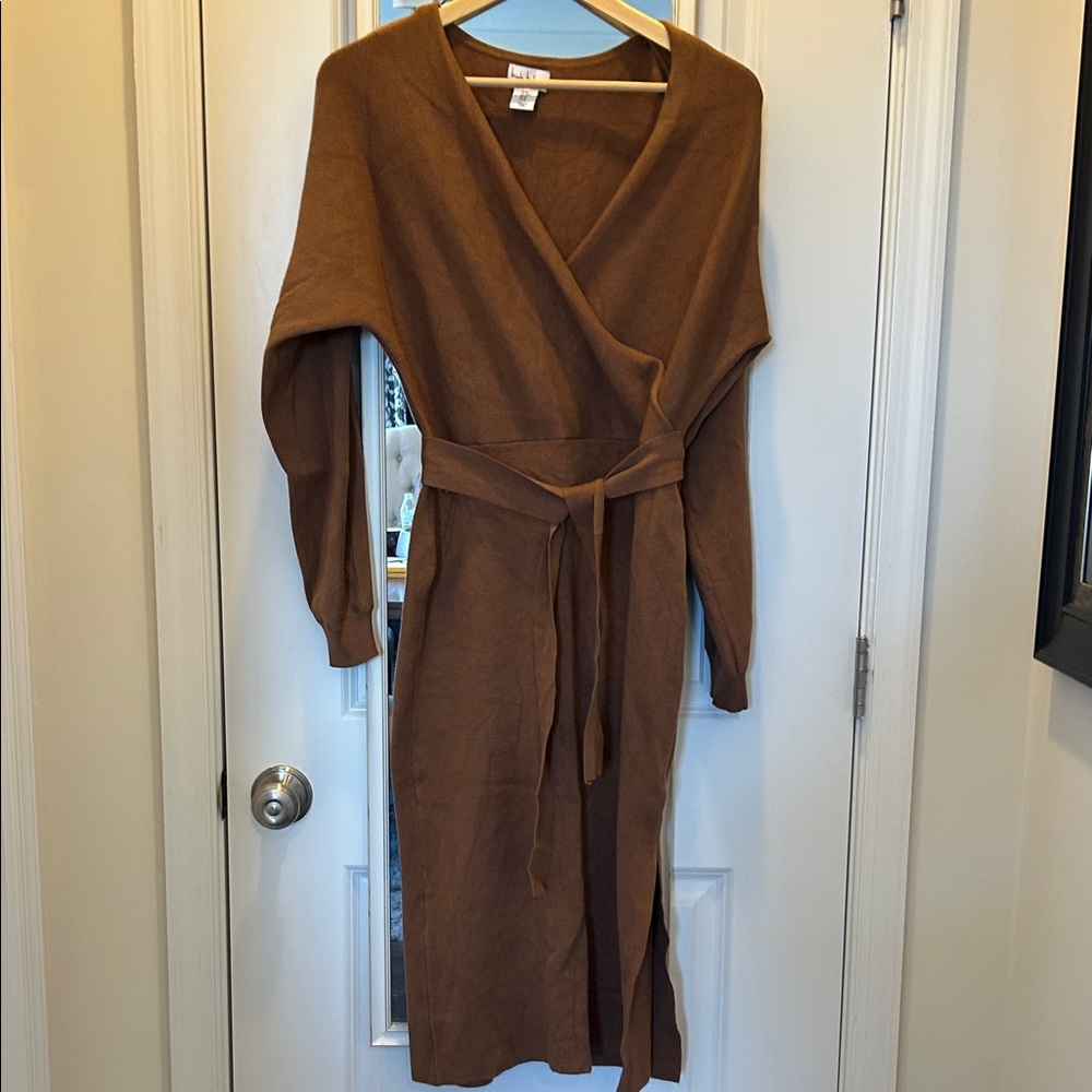 Nicole Miller Long Sleeve Brown Sweater Wrap Dress